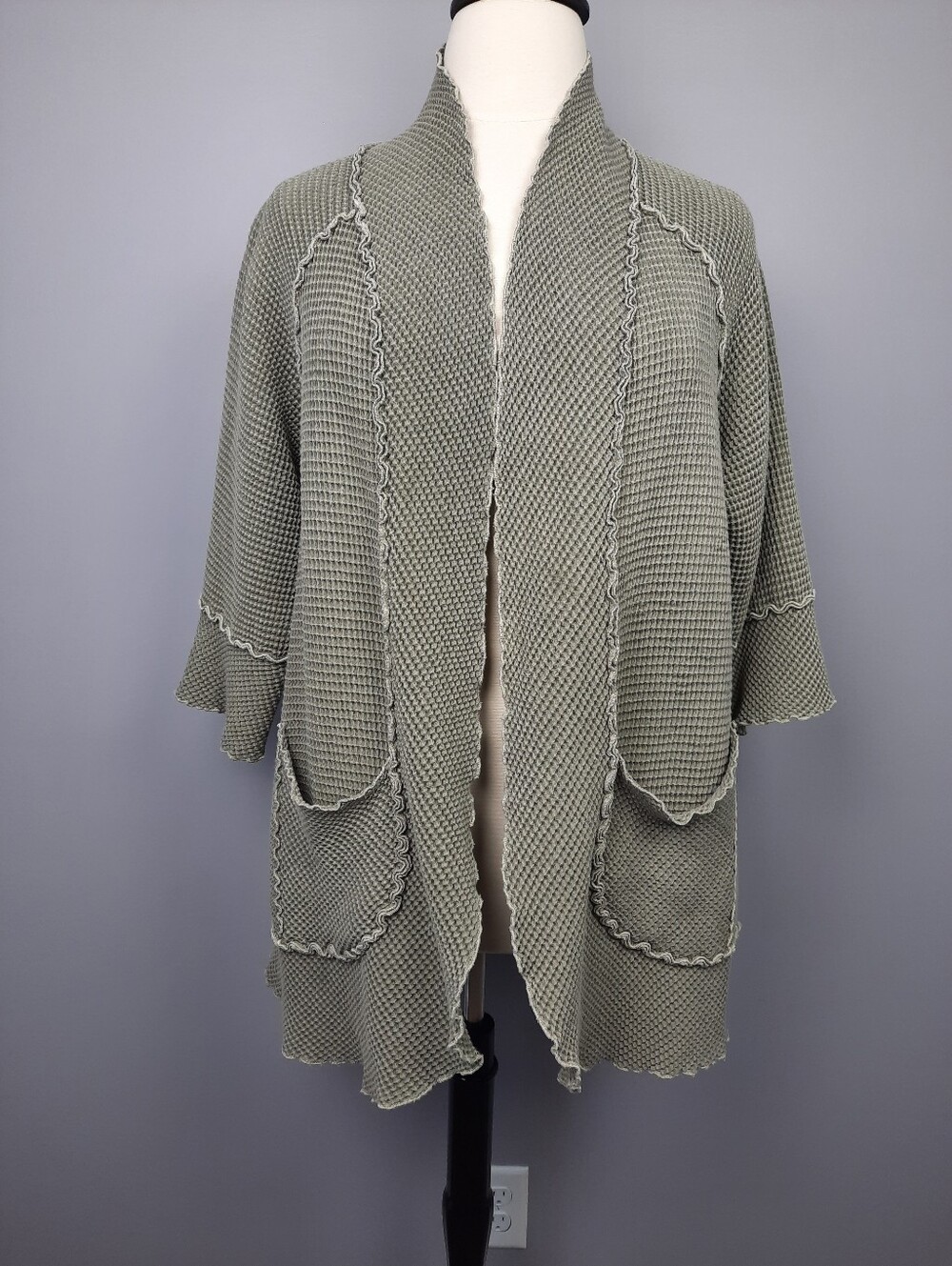 Focus 100% Cotton Olive Green Waffle Knit Boho Lagenlook Ruffle Cardigan size XL